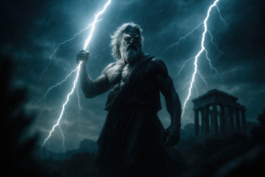 Zeus Holding a Lightning Bolt with the Ancient City of Athens in the Background, Radiating Divine Power in a Classical Mythological Scene