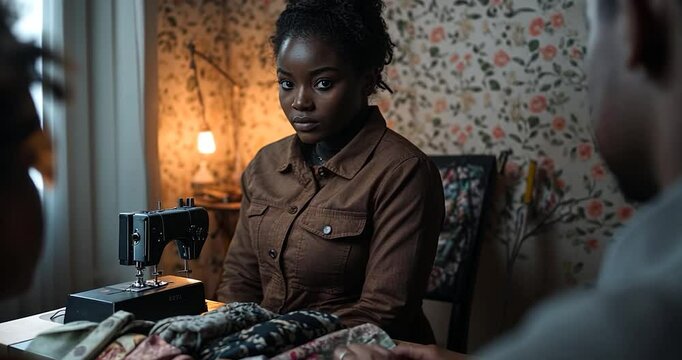 A young woman with dark skin and curly hair sits at a table, wearing a brown shirt. She looks directly at the camera. A sewing machine and fabric are on the table. The background is a floral