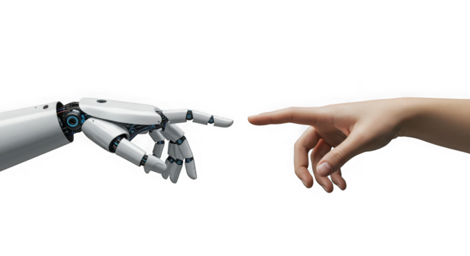 Robot hand and human hand touching fingers on a transparent background close up