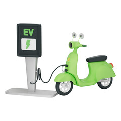 Electric scooter retro motorbike with battery and plug for clean energy 3d illustration