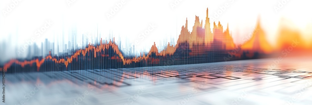 Poster abstract digital landscape with dynamic lines and warm colors.