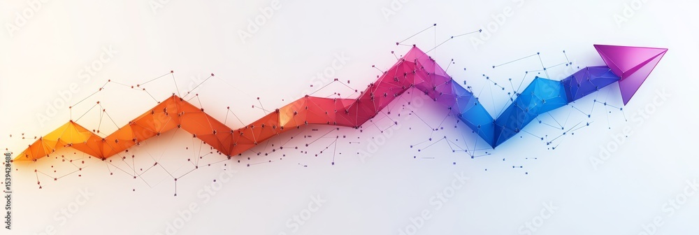Poster abstract colorful graph with rising trend arrow and geometric shapes.