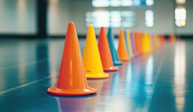 Colorful cones in a row on a glossy floor