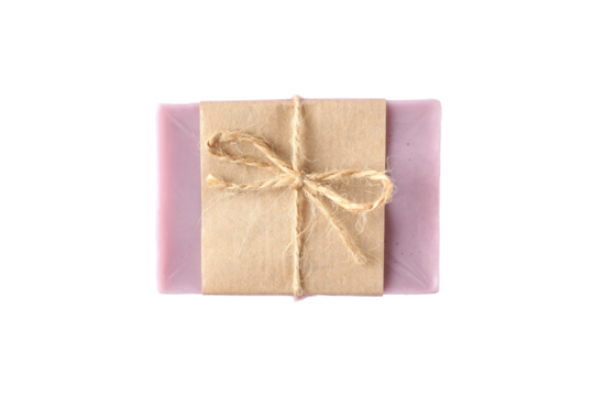 Lavender soap wrapped in kraft paper and twine, isolated on white, PNG