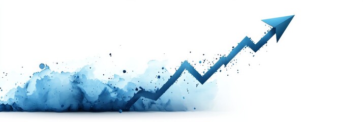 A blue upward arrow emerging from water splashes symbolizes growth and progress.