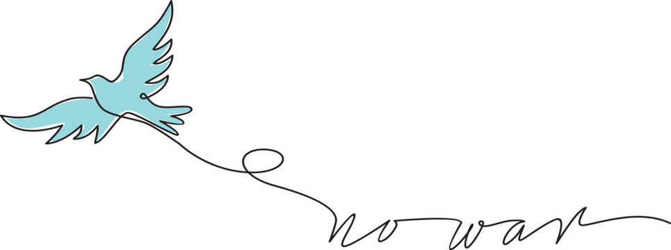 No war with White dove in one continuous line drawing. Bird symbol of peace and freedom 