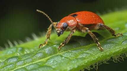 Red beetle on green leaf closeup.