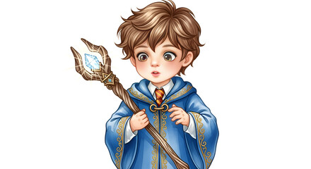Fototapeta premium A curious boy wizard in a blue robe holding a magic staff, clean white background, watercolor style