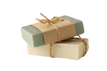Two eco-friendly soap bars tied with twine, isolated on white, PNG