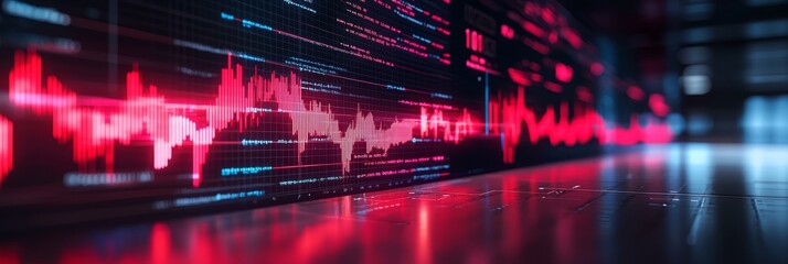 Abstract digital background with data visualization in red and black tones.
