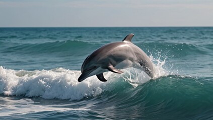 Adorable baby dolphin jumping ocean waves mother © Hakase