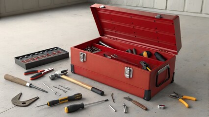 A red metal toolbox sits open on a concrete floor displaying a variety of hand tools including a hammer screwdrivers pliers and wrenches
