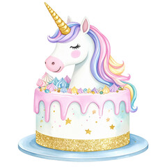 Unicorn cake with a colorful, whimsical design featuring a unicorn head atop a decorated layer of frosting and edible decorations.