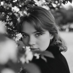 Black and White Portrait  Young Woman  Spring Flowers  Nature  Monochrome