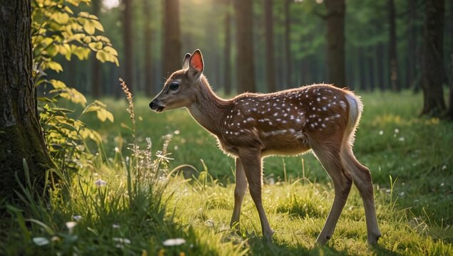 Beautiful deer fawn grazing peaceful forest meadow - Powered by Adobe