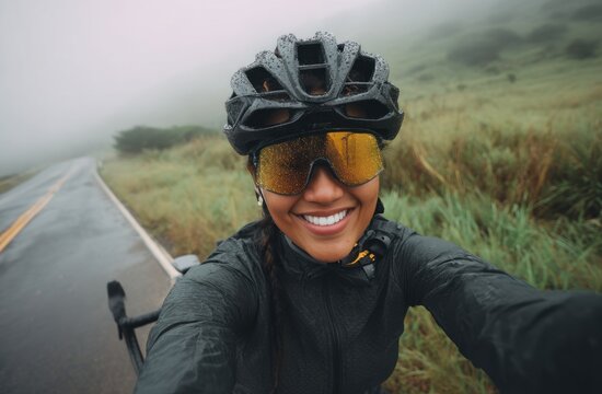 Woman cyclist smiles on a rainy road