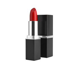 A bold red lipstick in a sleek black casing, showcasing a classic beauty product design.