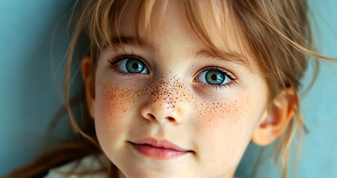 Close up portrait of a young girl with freckles and bright blue eyes against a light teal background. Soft lighting enhances her features