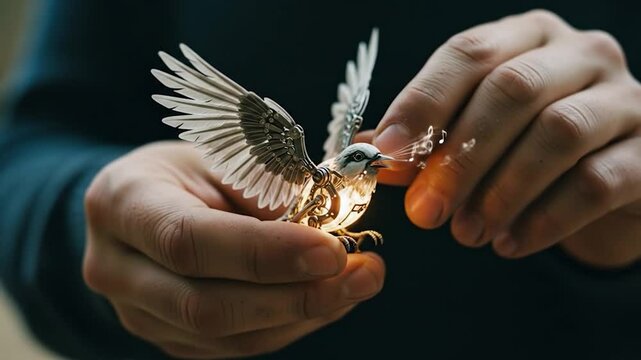 Steampunk Bird Sculpture Singing: Close-Up of Mechanical Wings and Musical Notes in Hand