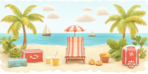 Obraz premium Tropical beach vacation summer 3d illustration. Summer holiday leisure on a paradise coast. Vacation travel on a tranquil ocean, tropical landscape, colorful scenery, playful cartoon, perfect for