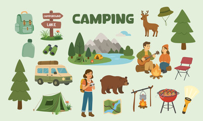Friends and couple on camping holiday. Camping vector in flat design. People and campsite clipart.