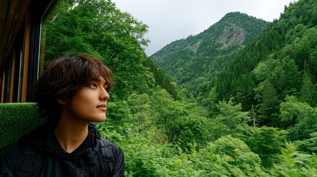 Young Man Train Journey Mountain Scenery Lush Green Forest Window View