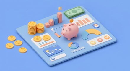 Pink Piggy Bank Saving on Blue Tablet with Coins and Charts