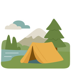 Camping site, campsite, campground vector. Landscape or nature scenery clipart in flat cartoon style isolated on white background.