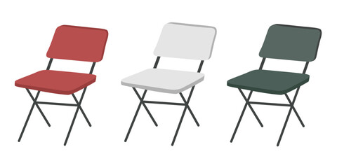 Portable chair vector set. Folding chair clipart set. Camping or picnic element. Outdoor equipment. Flat vector in cartoon style isolated on white background.