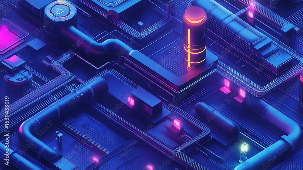 Poster a futuristic cityscape with neon lights and a large glowing object. the image has a futuristic and t