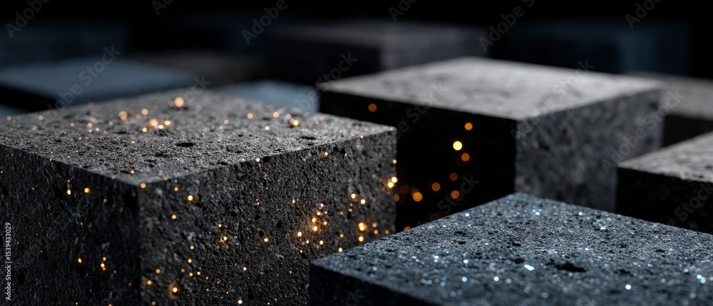 Poster abstract dark cubes glowing particles 3d render text space