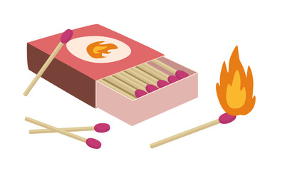 Matches and matchbox vector. Burning match clipart. Fire source. Flat vector in cartoon style.