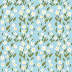  White Floral Seamless Pattern on Light Blue Background