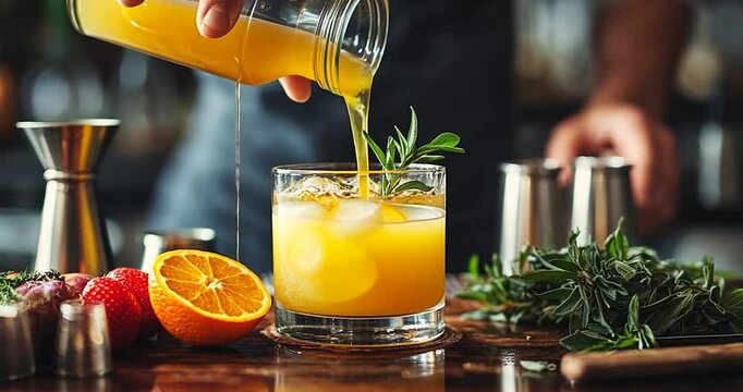 Closeup of a bartender pouring a vibrant yellow cocktail into a rocks glass filled with ice. Fresh orange slices, herbs, and bar tools are artfully arranged on a dark wooden surface
