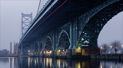 Naklejka premium Misty morning view of a massive steel bridge over a calm waterway