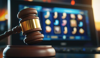 Judge's gavel in front of a slot machine screen
