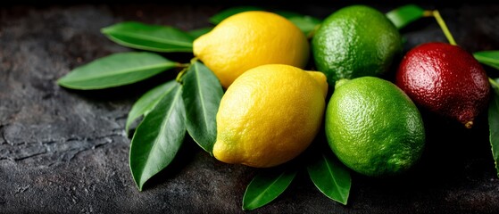 Fresh Lemons  Limes   Citrus Fruits on Dark Background