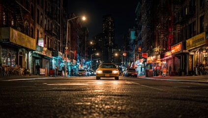 Night city street scene, yellow cab