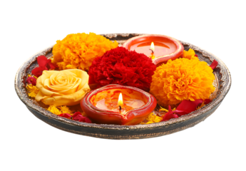 A tray with diyas, marigold flowers, and roses on it isolated against a transparent background