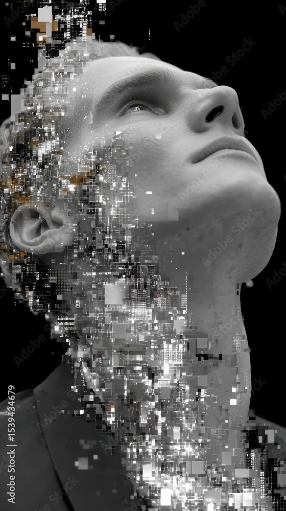 Poster digital identity person s face with pixelated data stream