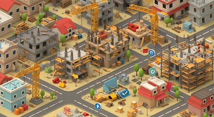 Cartoon Construction Site with Yellow Cranes and Buildings Isometric View