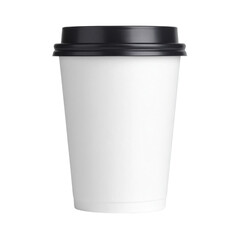 A plain white coffee cup with a black lid.