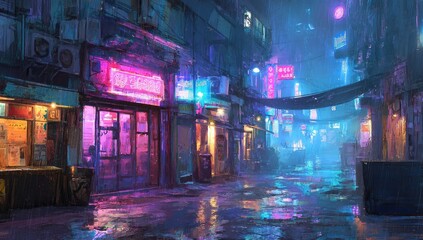 Neon-lit alleyway at night, rain-slicked streets