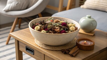 A rustic white bowl filled with dried flowers and star anise sits on a wooden table next to a lit candle and cinnamon sticks creating a cozy autumnal atmosphere