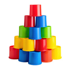 A pyramid of colorful plastic cups arranged in layers, showcasing a vibrant assortment of red, green, blue, and yellow.