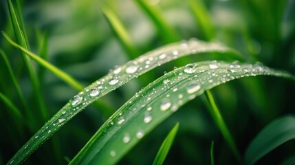 Dewy grass blades close up