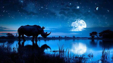 A rhino standing at the rivers edge its bulky silhouette 