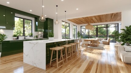 Naklejka premium Modern Kitchen Design Green Cabinets Marble Island Hardwood Floor