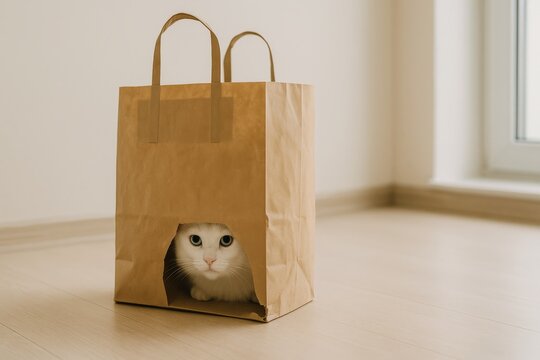 Cat peeking out from paper bag on floor in bright indoor setting  