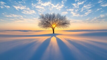 Solitary tree in a snow-covered field at sunrise